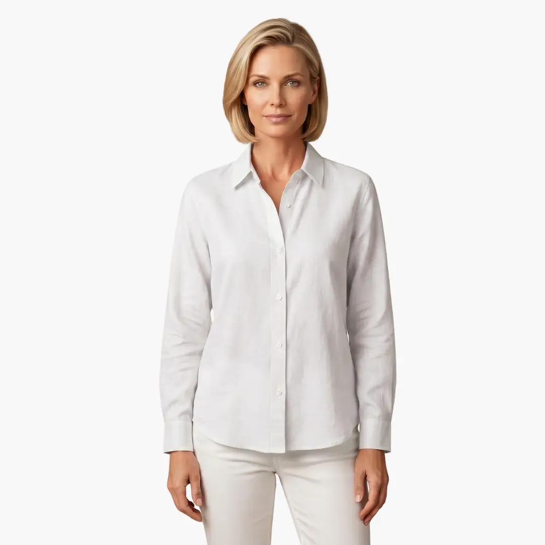 Comfortable women's relaxed fit long sleeve button up shirt, a versatile everyday top and blouse.