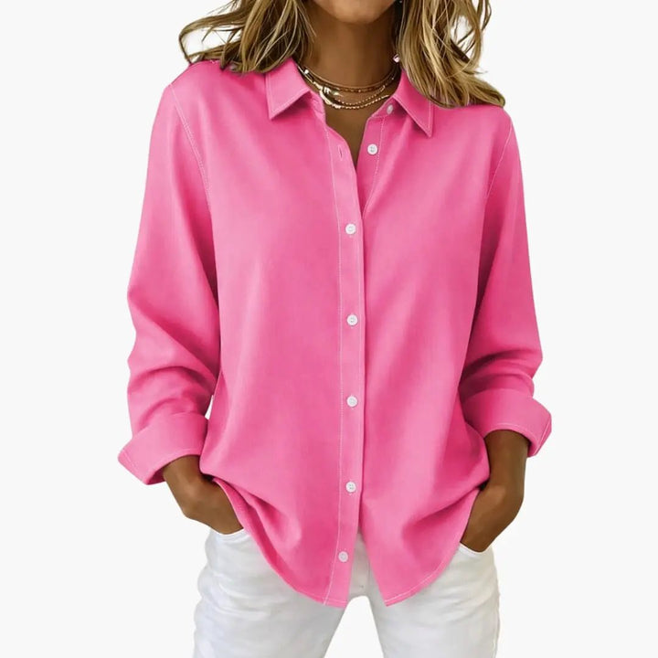 Soft fabric women's collared button up shirt, relaxed fit long sleeve for a comfortable, timeless style.
