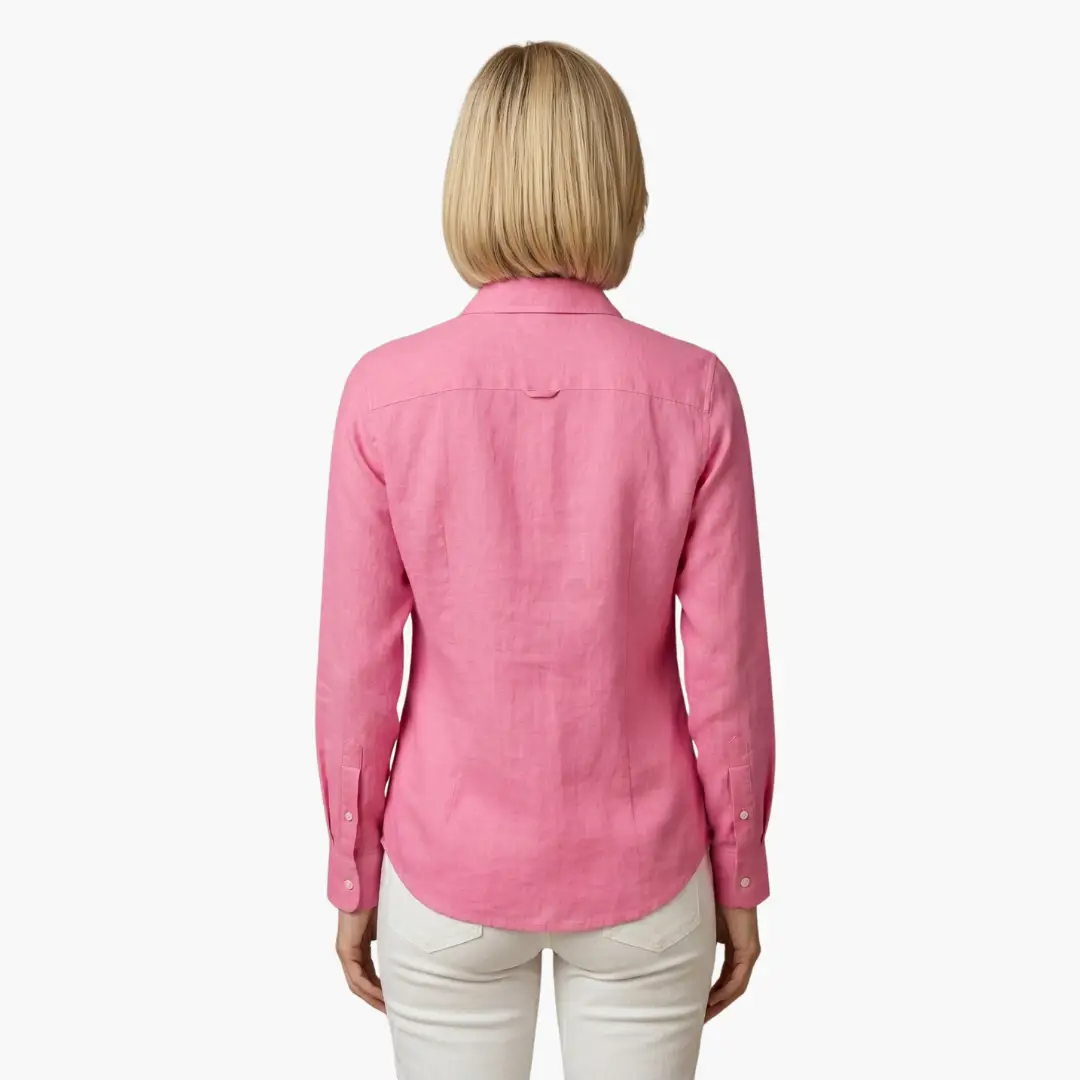 Women's relaxed fit long sleeve button up shirt, styled casually with a comfortable, easygoing look.