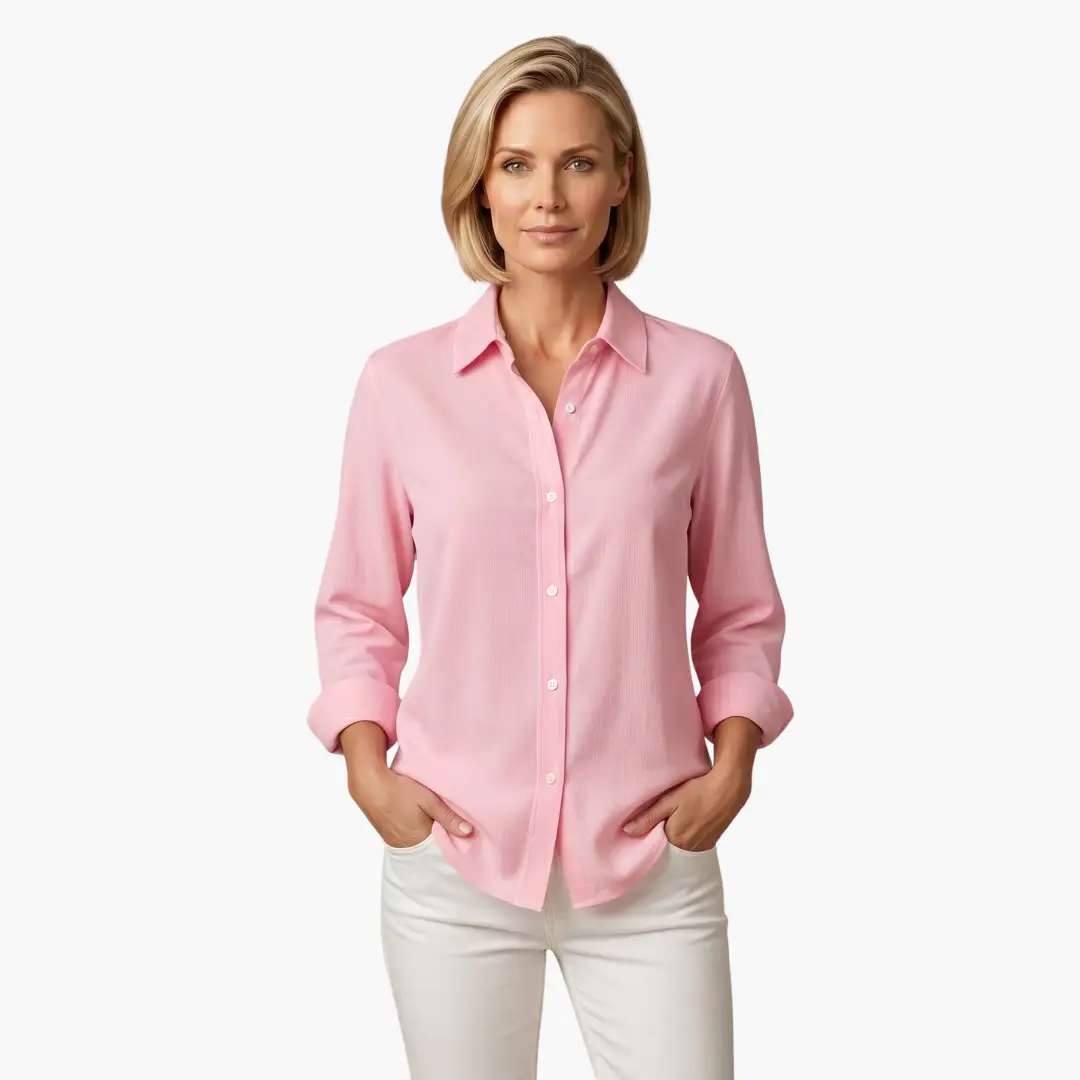 Classic white women's relaxed fit long sleeve button up shirt, an essential, versatile everyday top.