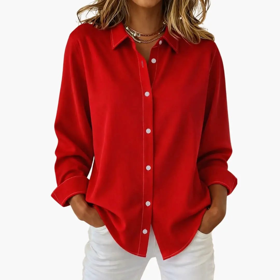 Women's collared button up shirt, relaxed fit long sleeve, offering comfortable, timeless style for any occasion.
