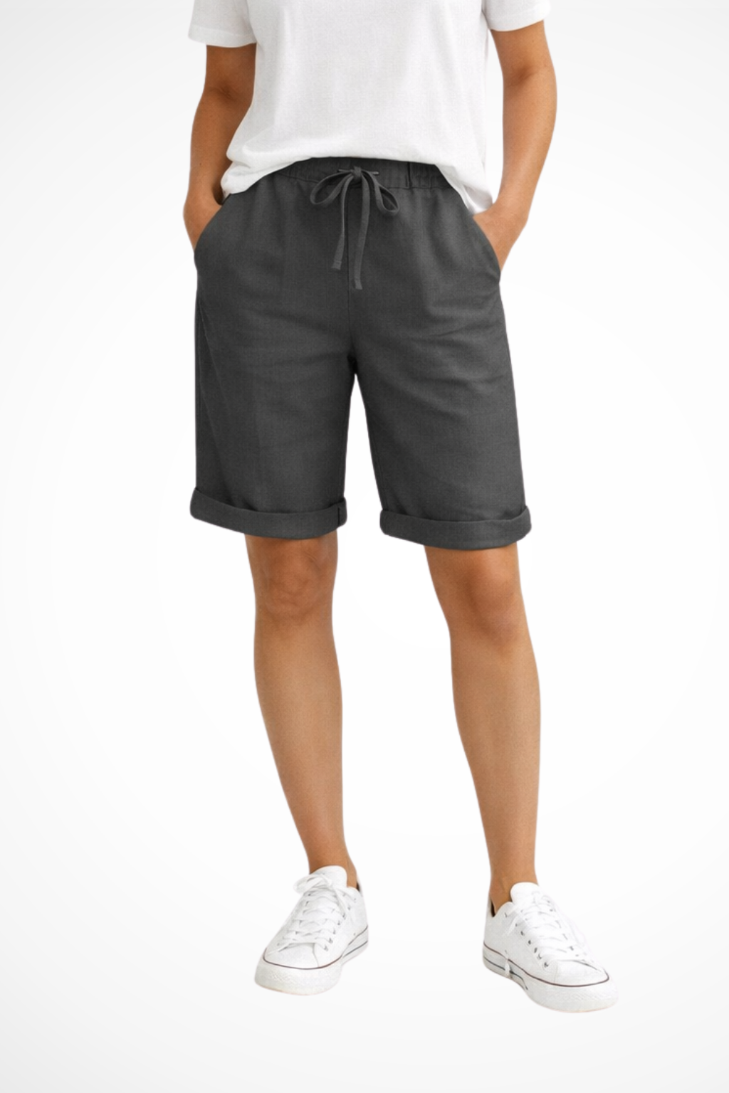 Drawstring women's relaxed fit capri shorts in soft fabric, ideal for warm weather, beach, and comfortable travel.
