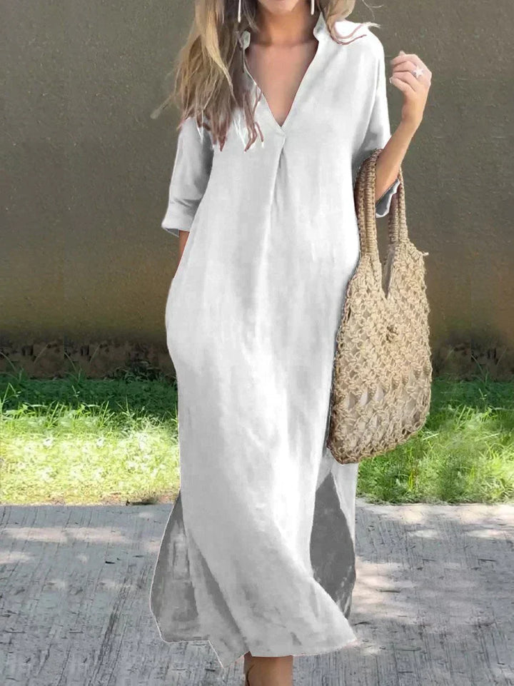 Comfortable women's casual maxi dress, relaxed V-neck, offering effortless summer style and everyday wear.