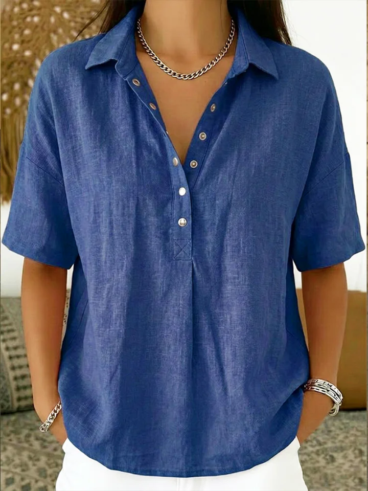 Elegant women's button-down collar shirt. Relaxed fit short sleeve blouse, perfect for office or casual wear.