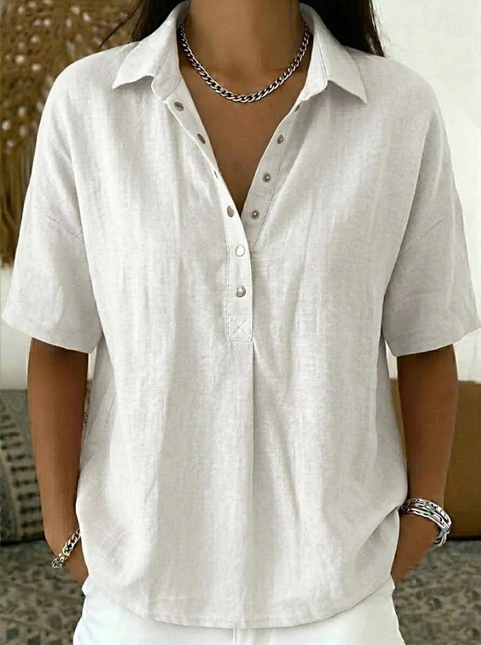 Modern women's button-down collar shirt. Relaxed fit short sleeve blouse, a versatile top for any season.