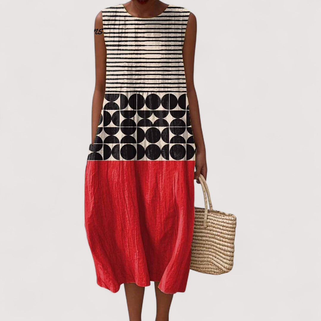 Women's relaxed fit color block midi dress, a modern and versatile casual dress for comfortable everyday style.
