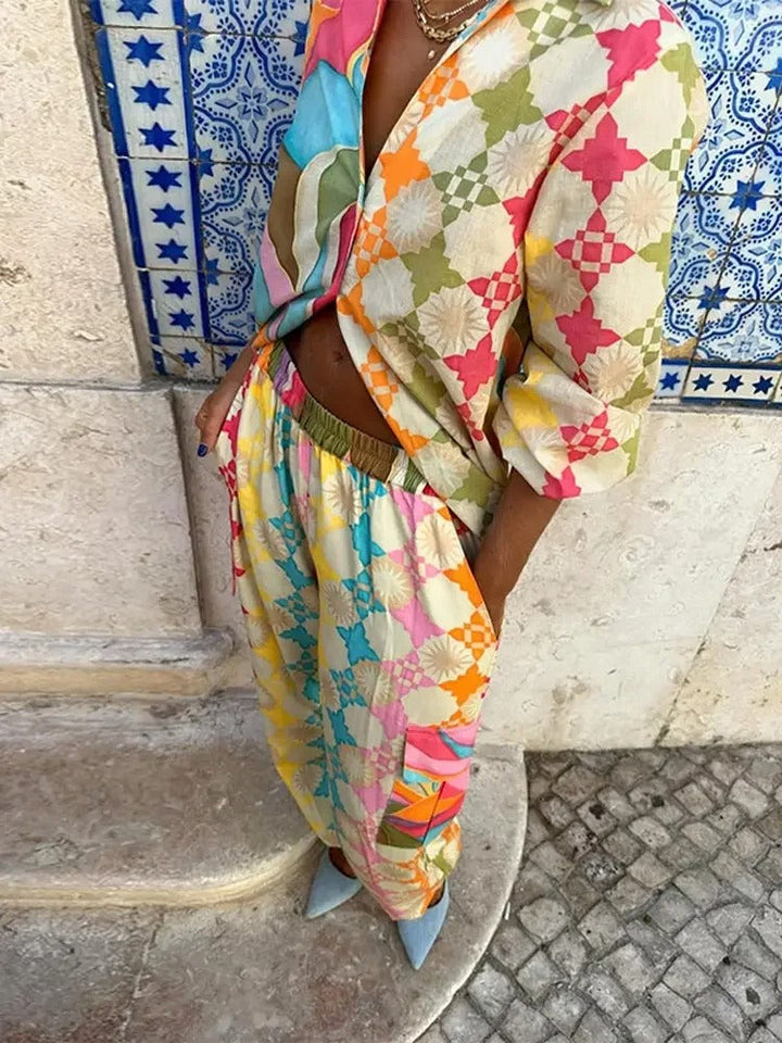 Full shot of a women's comfortable relaxed colorful casual outfit, ideal for spring everyday wear
