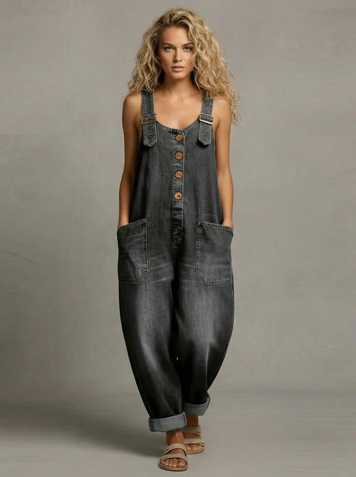 Full shot of women's fashion overalls, ideal for versatile everyday style & comfortable casual wear.