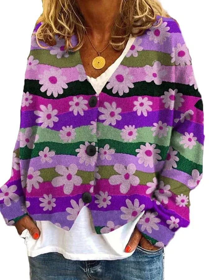 Women's relaxed fit floral stripe button-up cardigan for casual wear. Vibrant everyday fashion layering piece.