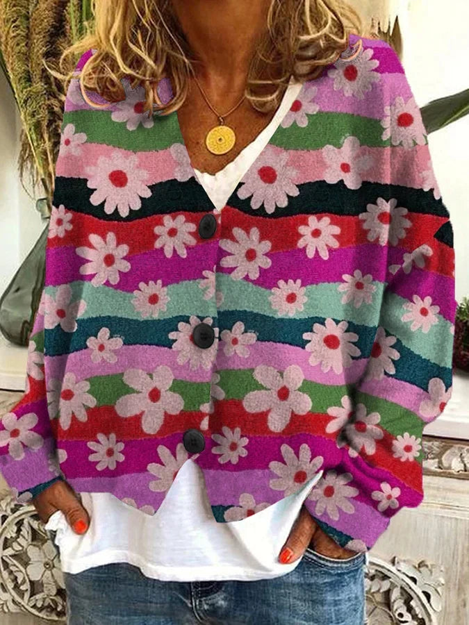 Model wearing a relaxed fit women's floral stripe button-up cardigan, perfect for casual layering fashion.