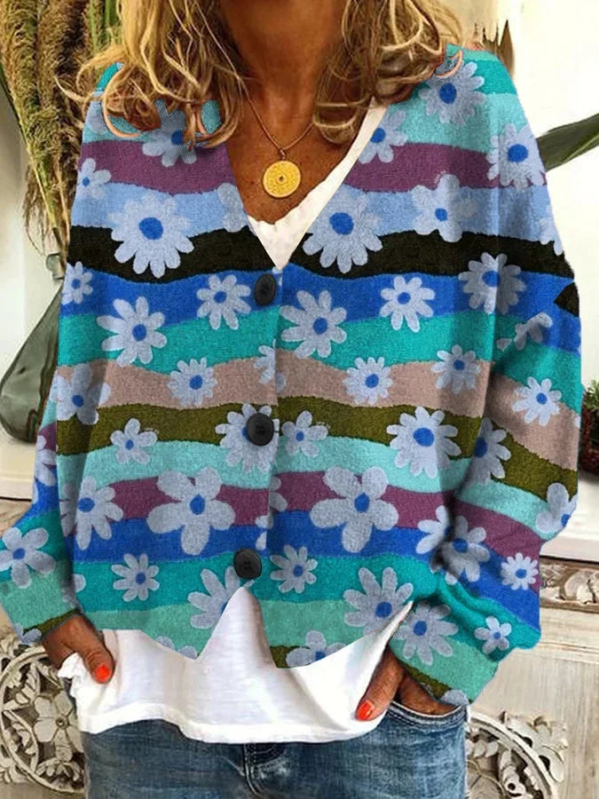 Versatile women's floral stripe button-up cardigan, ideal for everyday casual wear and stylish layering.