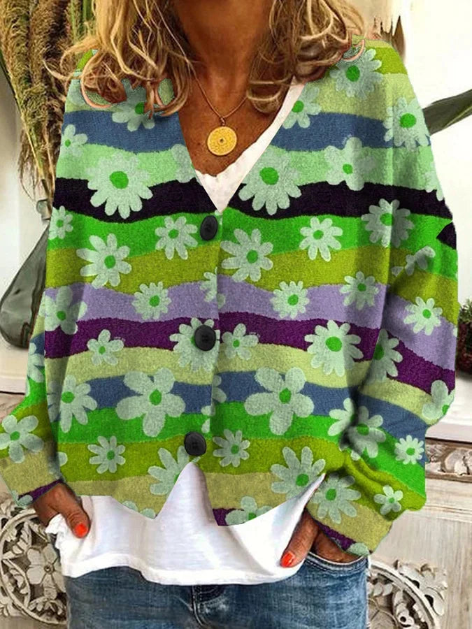 Women's button-up cardigan featuring a unique floral stripe design, offering a relaxed fit for comfort.