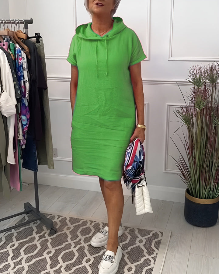 Women's relaxed fit hoodie midi dress with half sleeves & adjustable hood for casual elegance.