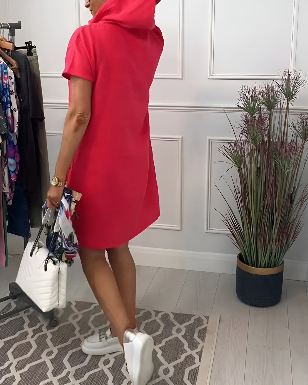 Stylish women's midi hoodie dress with adjustable hood, ideal for spring & summer fashion.