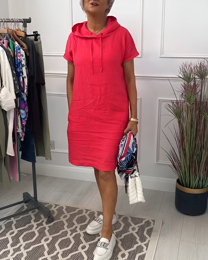 Versatile half-sleeve hoodie midi dress for women, offering a comfortable, relaxed fit.