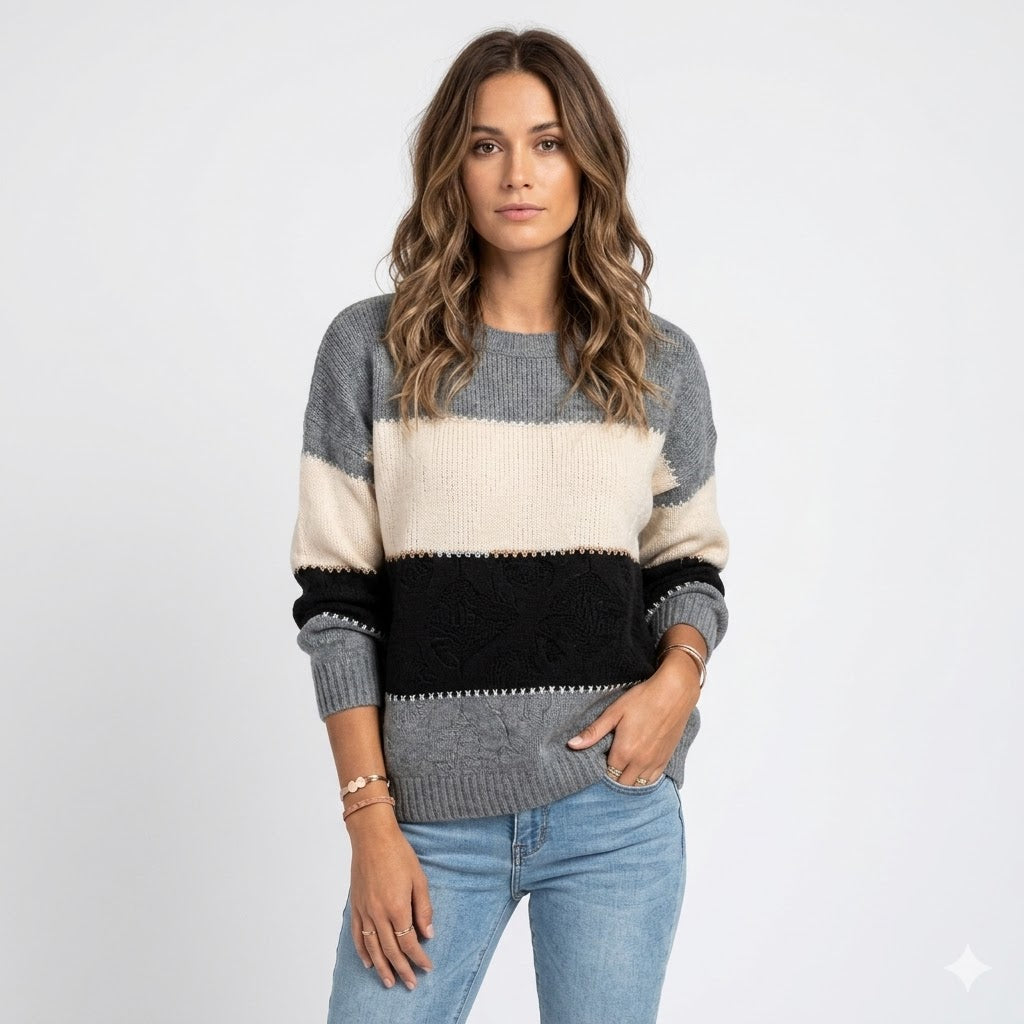 Women's relaxed fit knit sweater, crew neck with ribbed cuffs. Cozy long sleeve for fall & winter everyday wear.