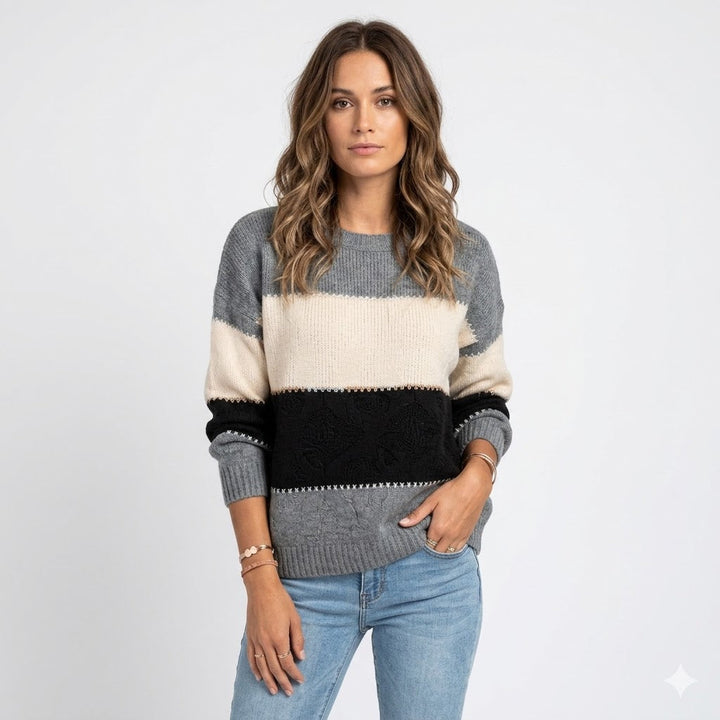 Women's relaxed fit knit sweater, crew neck with ribbed cuffs. Cozy long sleeve for fall & winter everyday wear.