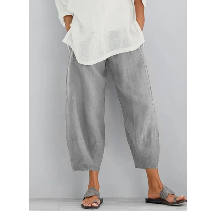 Khaki women's relaxed fit leisure pants. Versatile pull-on pants ideal for comfortable casual wear.