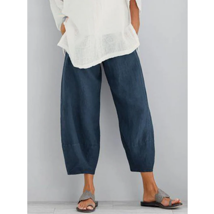 Blue women's relaxed fit leisure pants. Easy pull-on style, comfortable for warm weather and versatile.