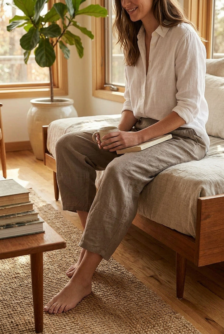 Comfortable women's relaxed fit pull-on linen pants for effortless spring & summer wear.