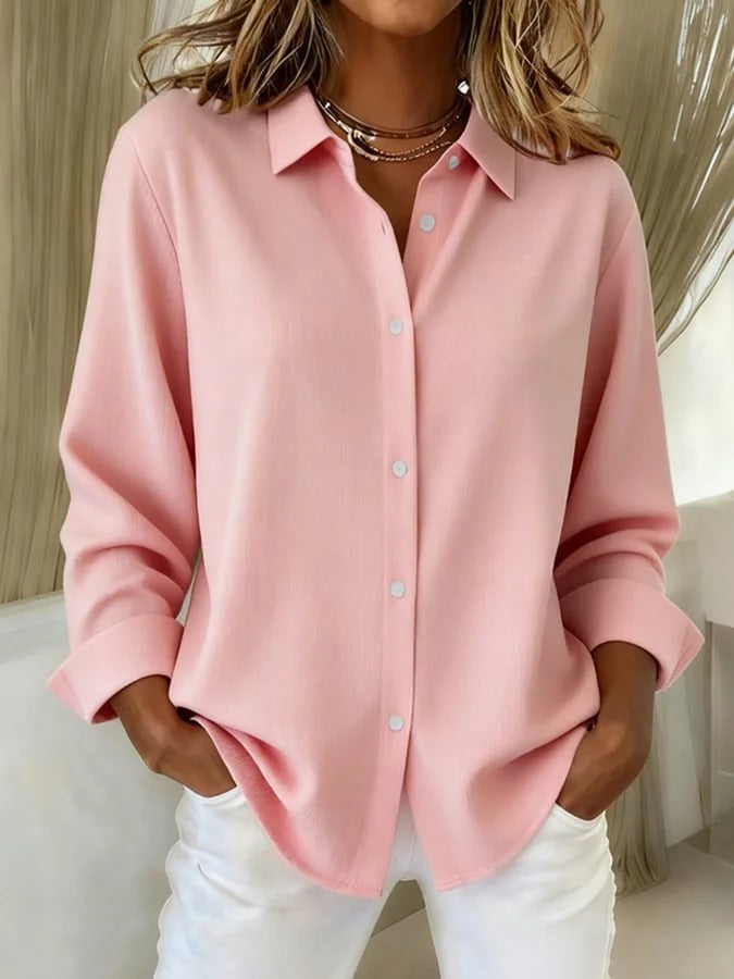 Stylish women's long sleeve button-down blouse in a relaxed fit, perfect versatile top for work or everyday.