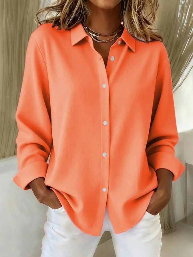 Chic women's long sleeve relaxed fit button-down blouse, a fashionable and versatile top for any occasion.