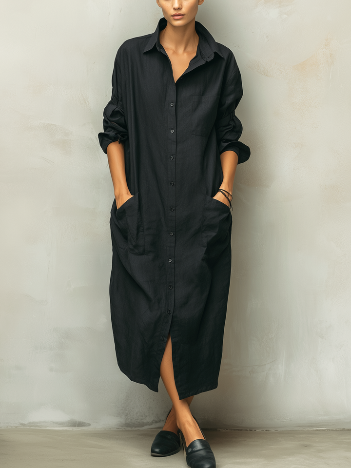 Women's relaxed fit long sleeve button down midi dress in a classic design, perfect for spring casual wear.