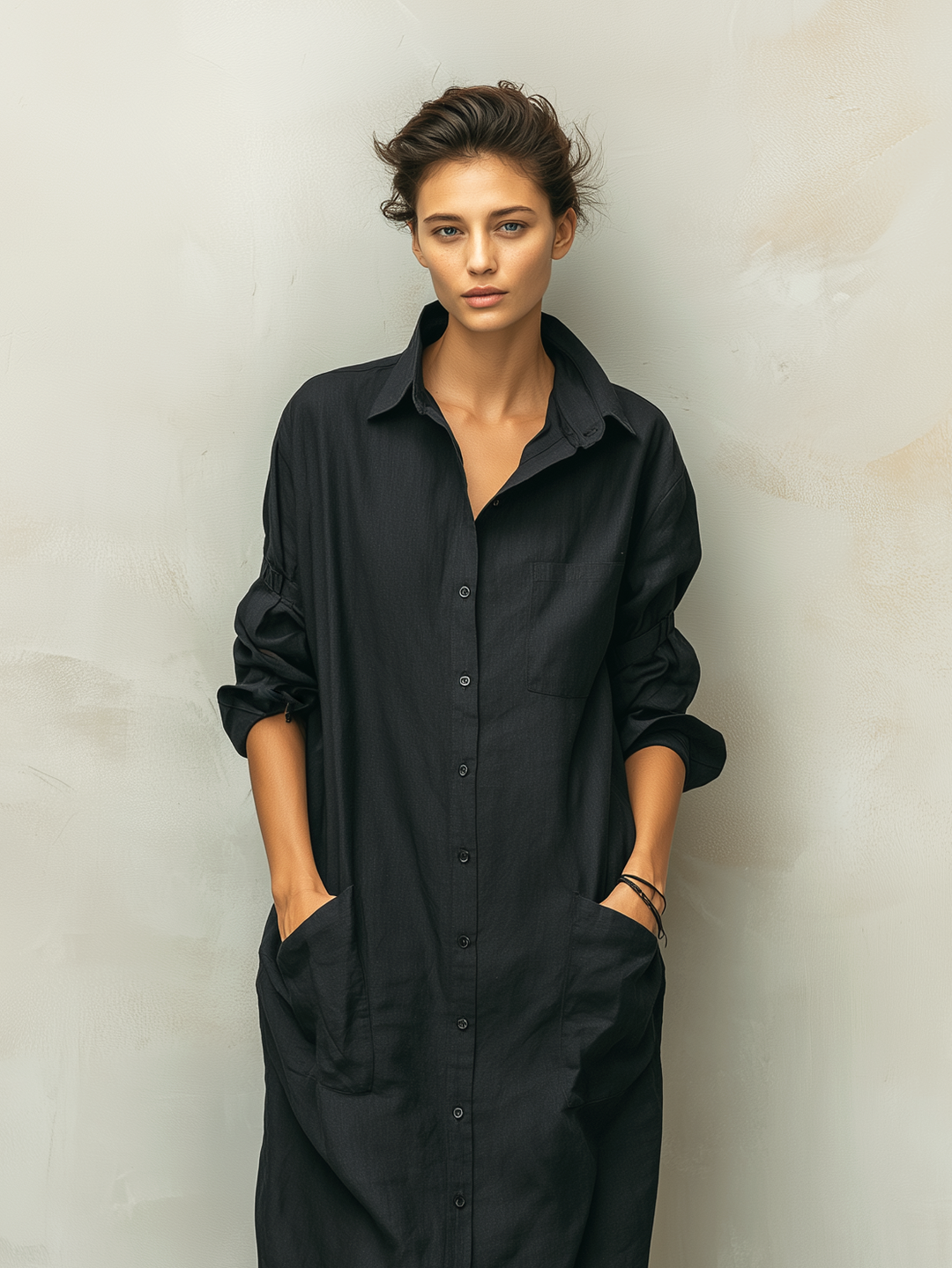 Versatile women's midi shirt dress with long sleeves & button down front, offering relaxed comfort for everyday style.