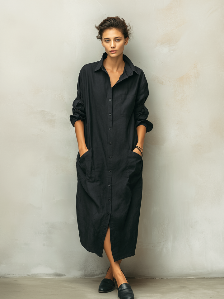 Stylish women's autumn midi dress with long sleeves & button down front, featuring a relaxed fit for comfortable wear.
