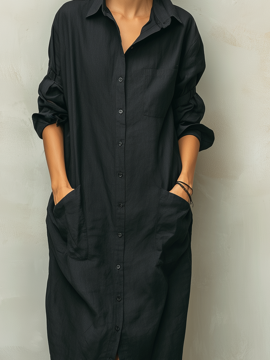 Elegant women's long sleeve midi dress with full button down closure, a relaxed fit for versatile casual fashion.