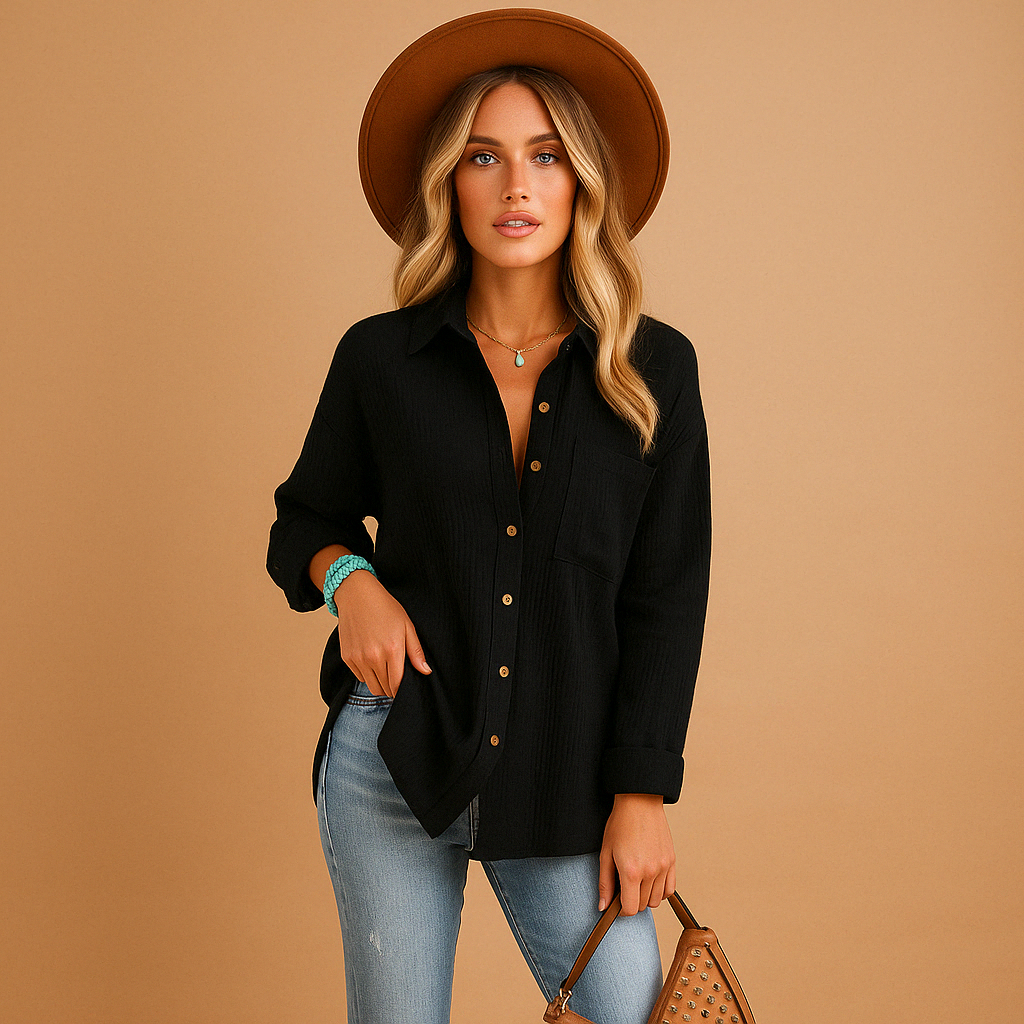 Casual women's long sleeve polo blouse with button collar for versatile work or daily wear.