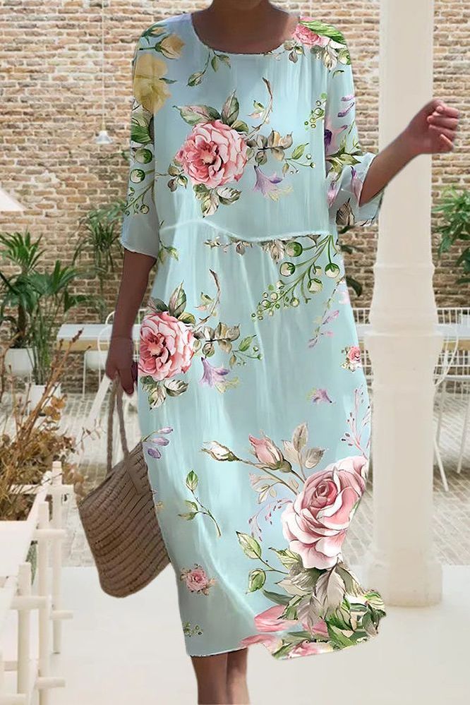 Comfortable women's blue & green printed midi dress with a relaxed fit, ideal for effortless everyday style.