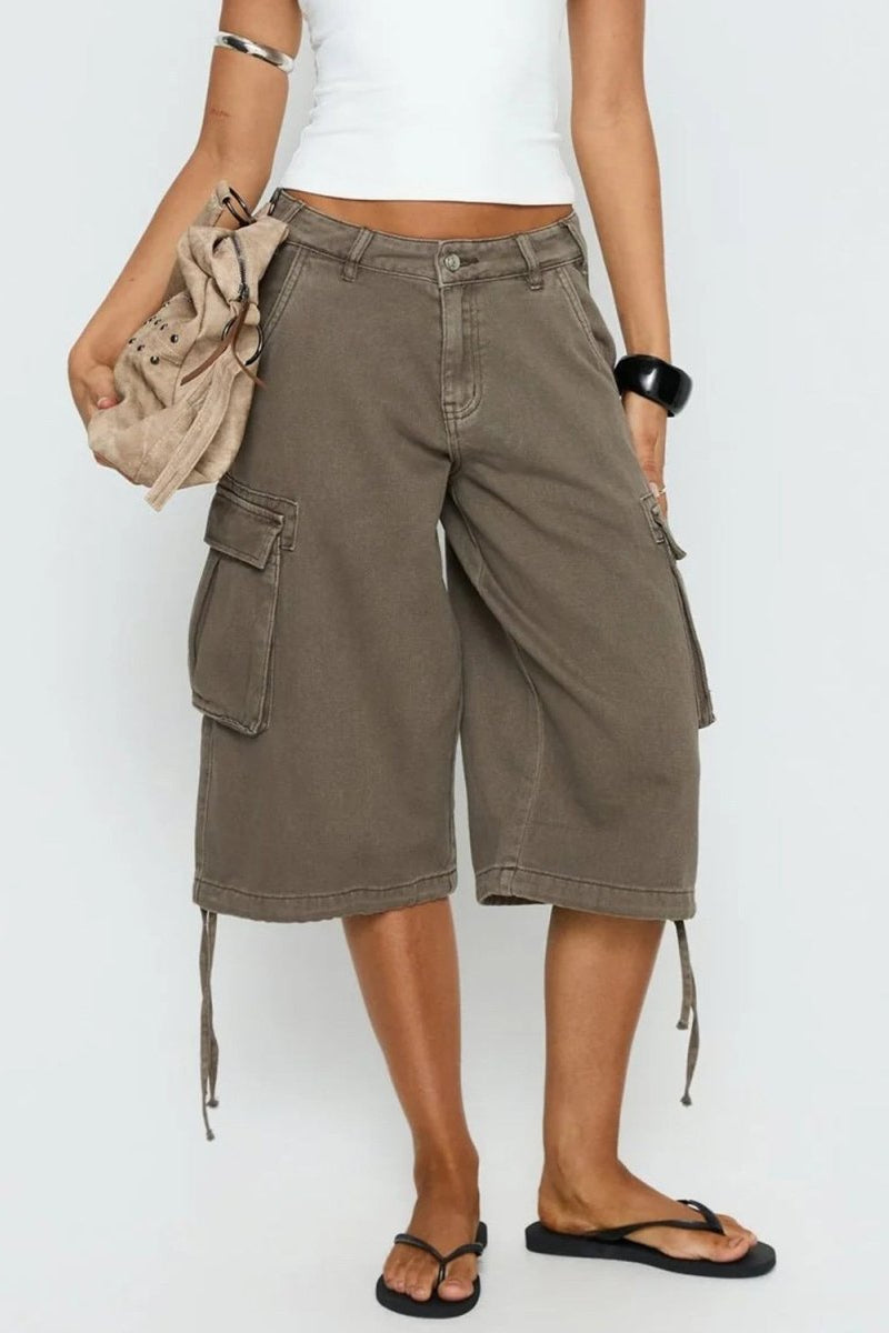 Soft women's relaxed mocha capris with cargo pockets, offering comfortable everyday wear & stylish summer bottoms.
