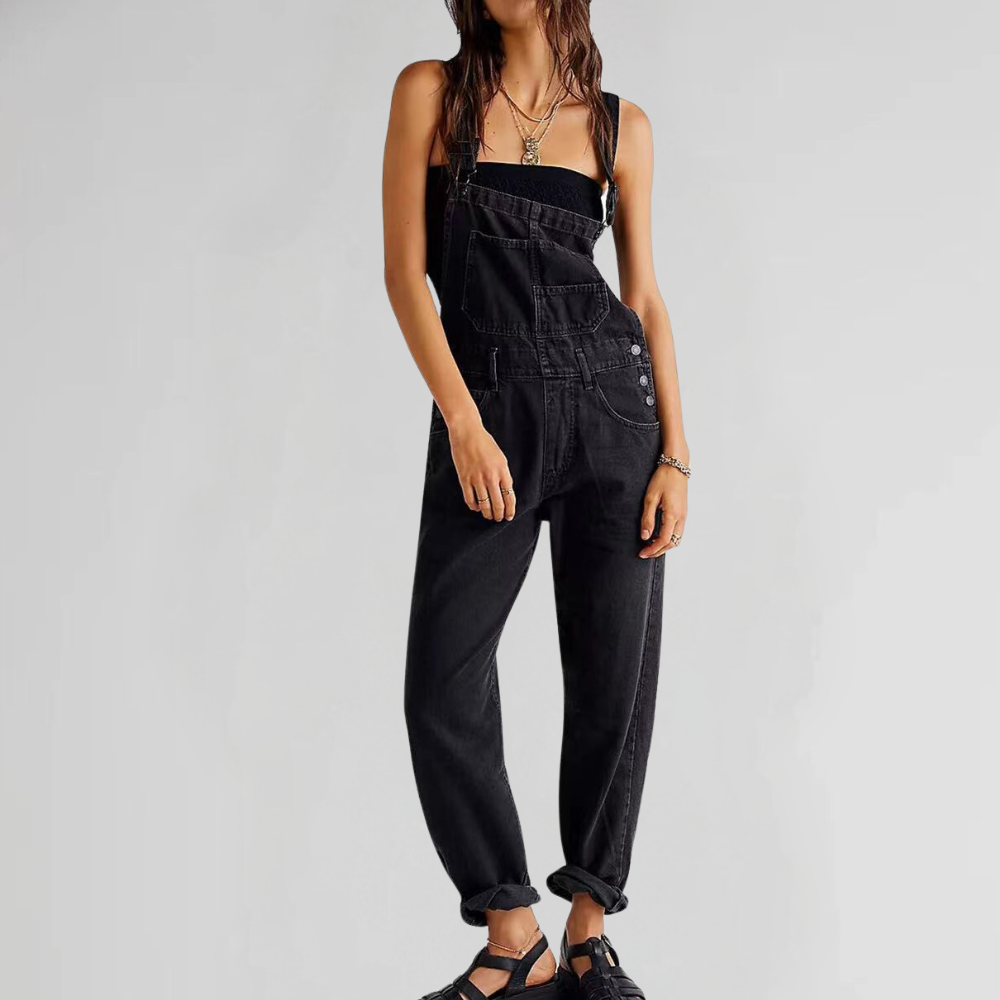 Fashionable women's relaxed fit overalls, great for spring/summer casual wear. Features adjustable straps & comfort.