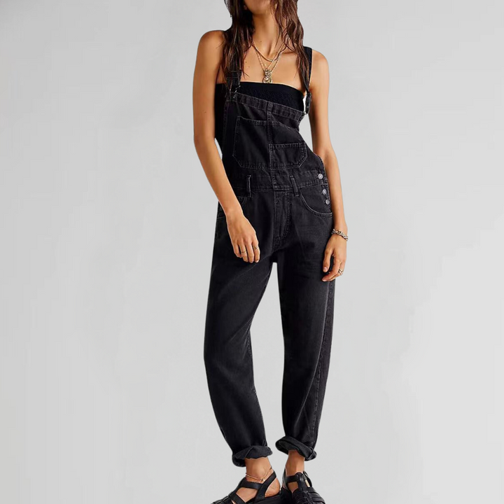 Fashionable women's relaxed fit overalls, great for spring/summer casual wear. Features adjustable straps & comfort.