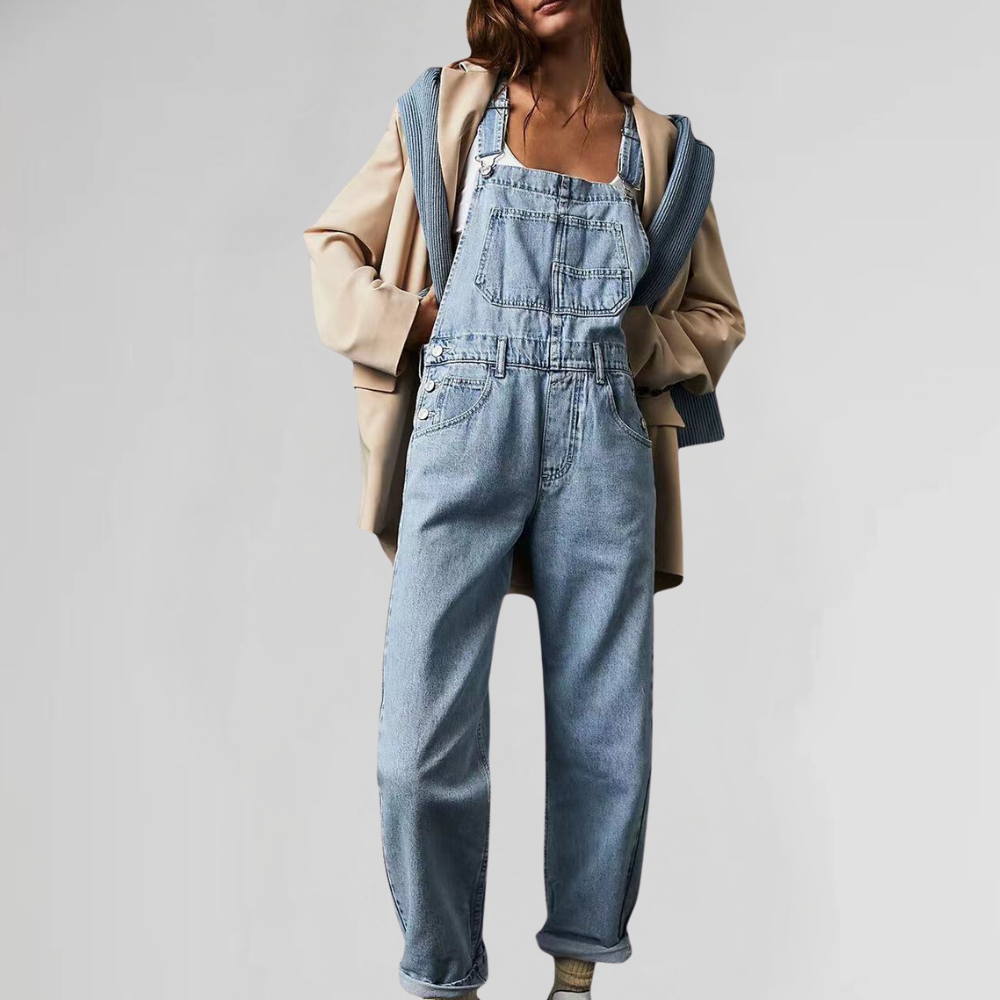 Stylish women's full-length relaxed fit overalls. Comfortable design with adjustable straps for versatile everyday wear.