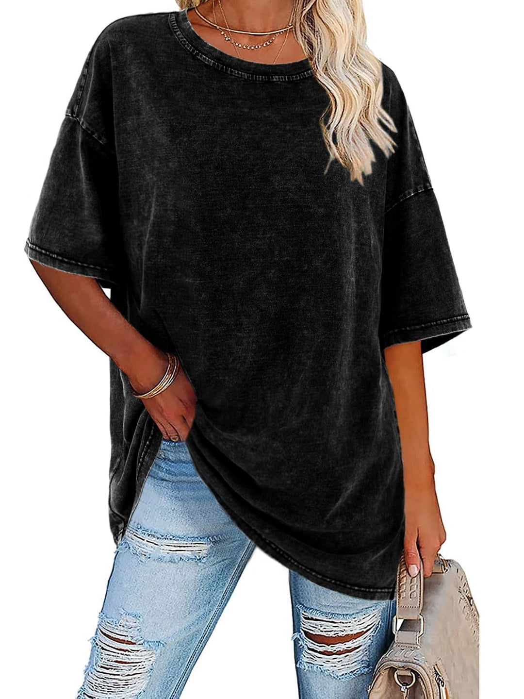 Women's relaxed fit oversized button-down shirt, ideal for casual wear & summer fashion. Comfortable long sleeve top.