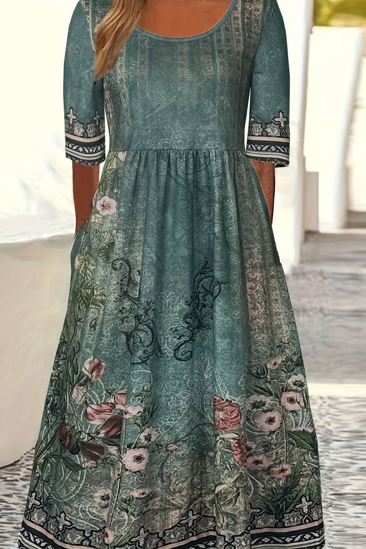Elegant women's flowy midi dress with colorful print & relaxed fit. Versatile for summer casual wear.