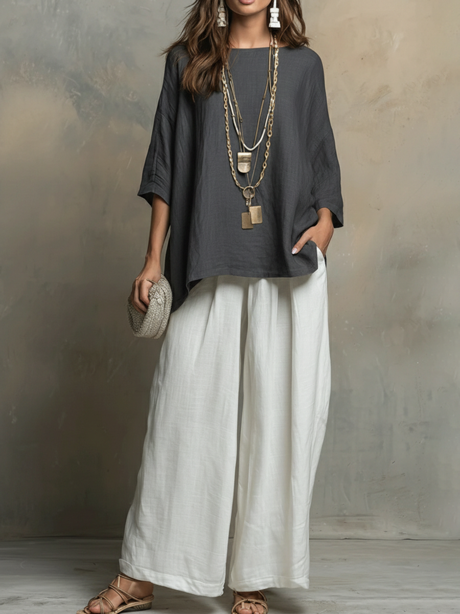 Comfortable women's relaxed fit shirt and wide leg pants set for everyday casual style.