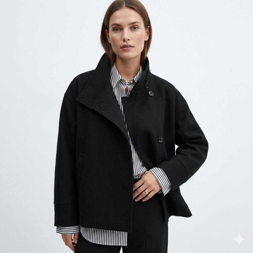 Women's relaxed fit short coat with stylish button closure & high neck. Perfect versatile casual outerwear for fall fashion.