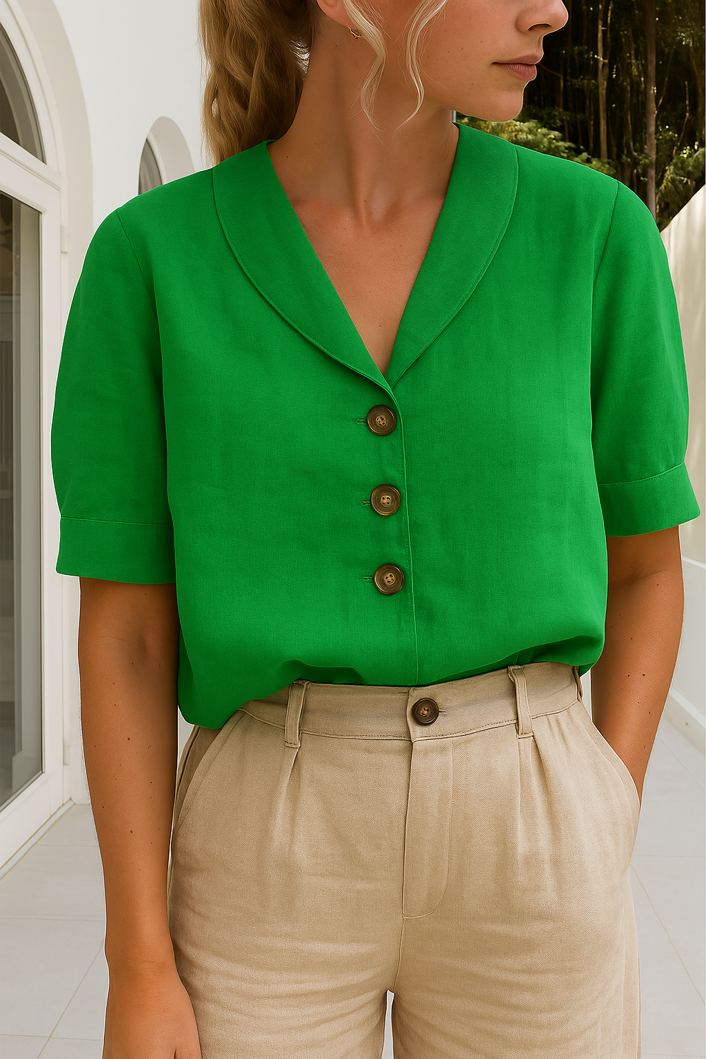 Casual ladies' linen short sleeve tee with a relaxed fit, ideal for versatile spring and beach wear.