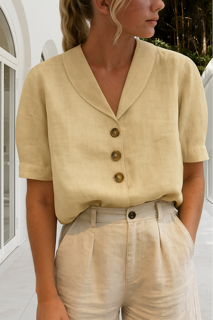 Versatile ladies' linen short sleeve top, offering a relaxed fit for comfortable summer and casual fashion.