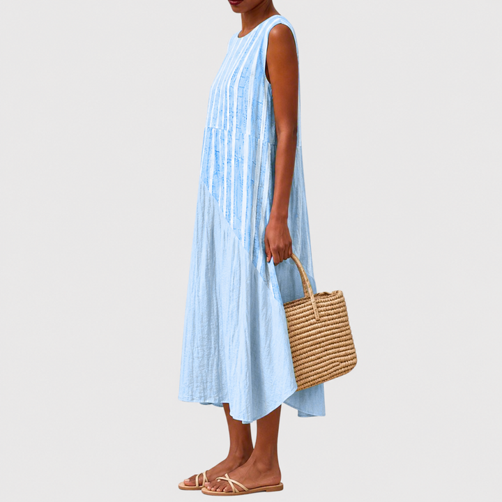 Easy-to-wear relaxed fit sleeveless casual dress for women, knee-length, suitable for all body types.