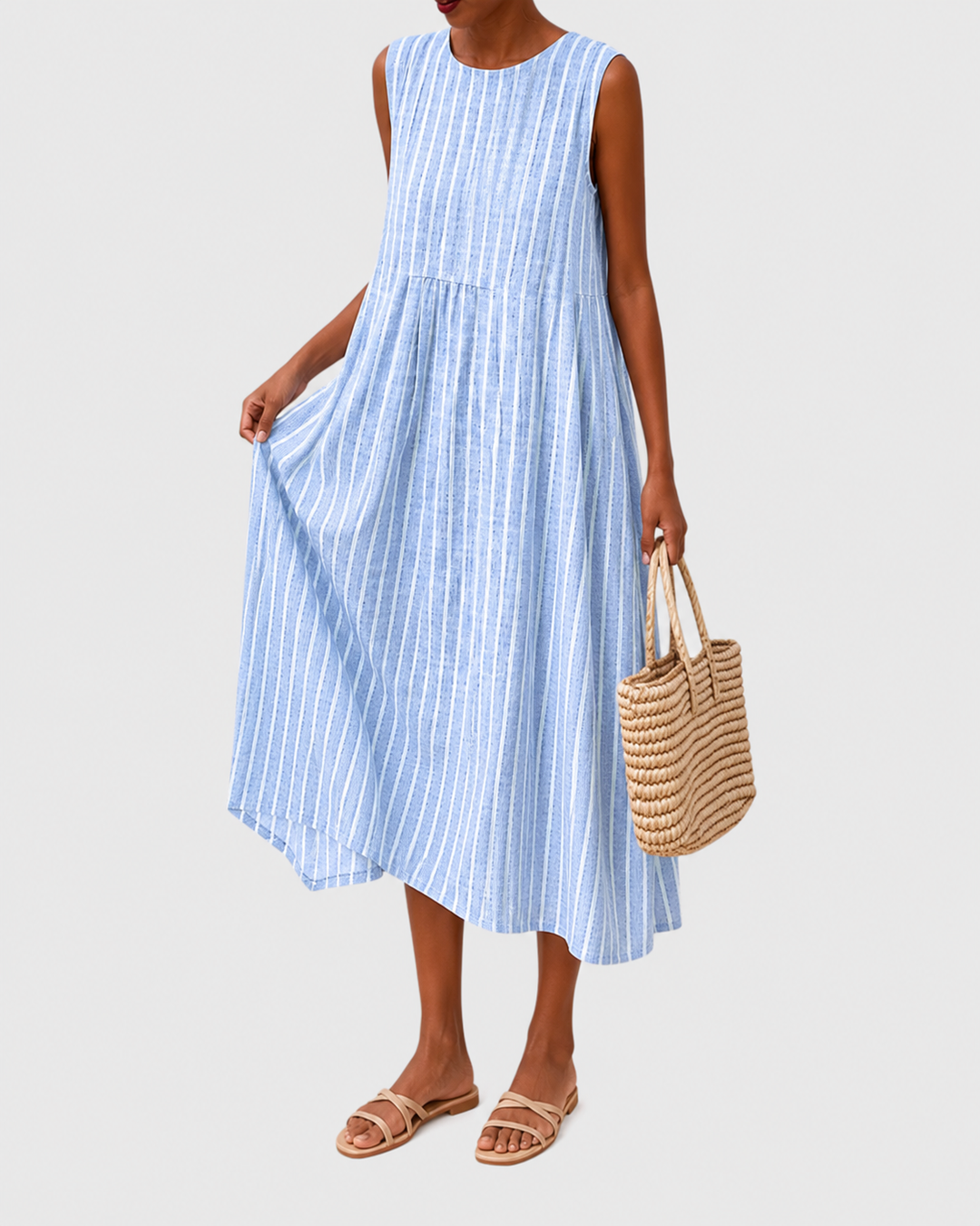 Front view of a women's relaxed fit sleeveless casual dress, knee-length, perfect for daily summer wear.