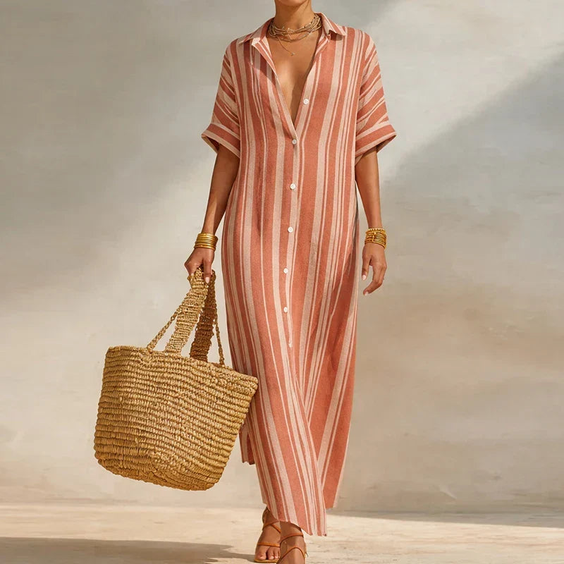 Relaxed striped long shirt dress for women. Comfortable three-quarter sleeve design, great for everyday casual style.