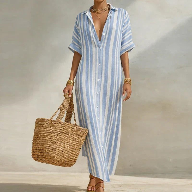Stylish women's striped long shirt dress, a relaxed fit summer essential for effortless casual wear.