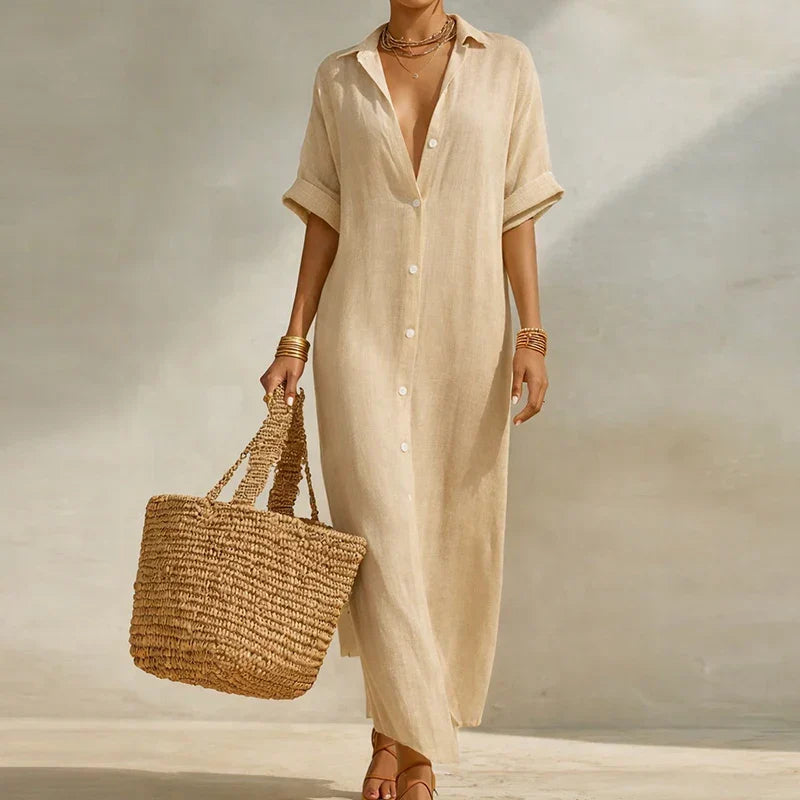 Versatile women's striped long shirt dress with a relaxed fit, V-neck, & three-quarter sleeves for stylish comfort.