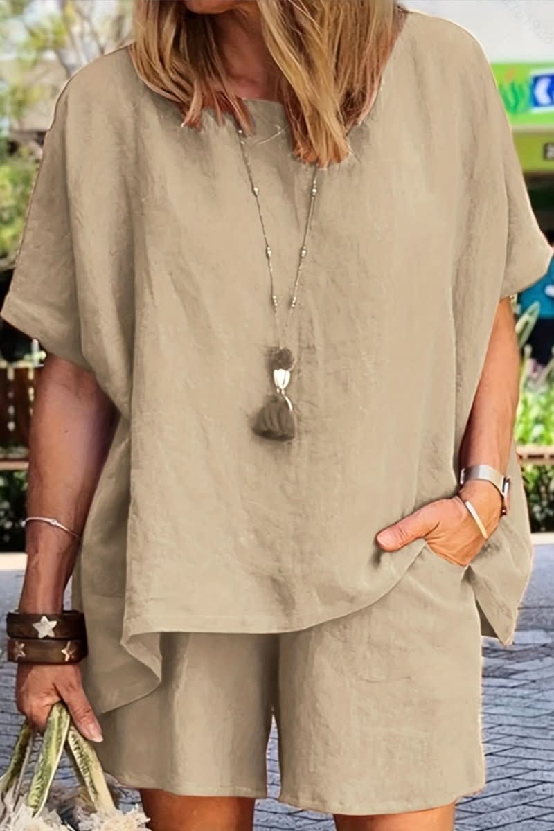 Effortless women's two-piece summer outfit. Relaxed shorts set, great for vacation wear and casual sunny days.