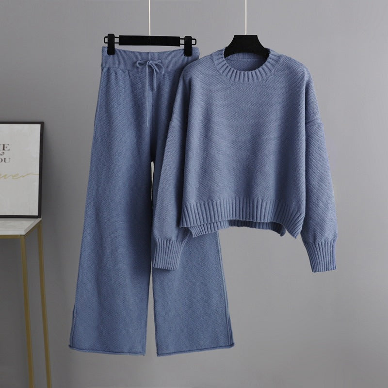 Soft women's relaxed fit two-piece lounge set. Includes a stylish cropped top and comfy wide leg pants.