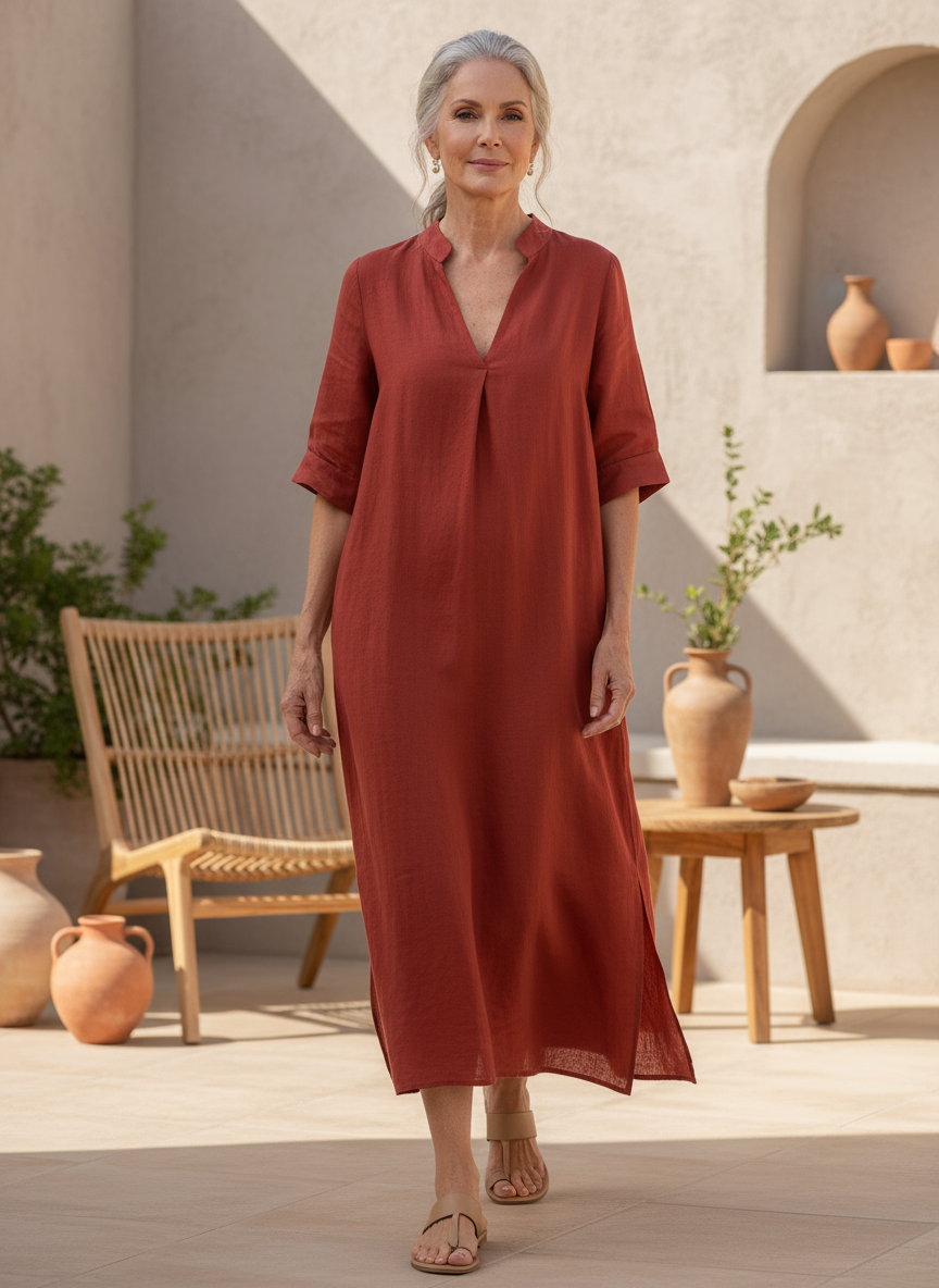 Women's relaxed fit V-neck maxi dress with 3/4 sleeves & side slits, perfect for casual summer comfort or vacation.